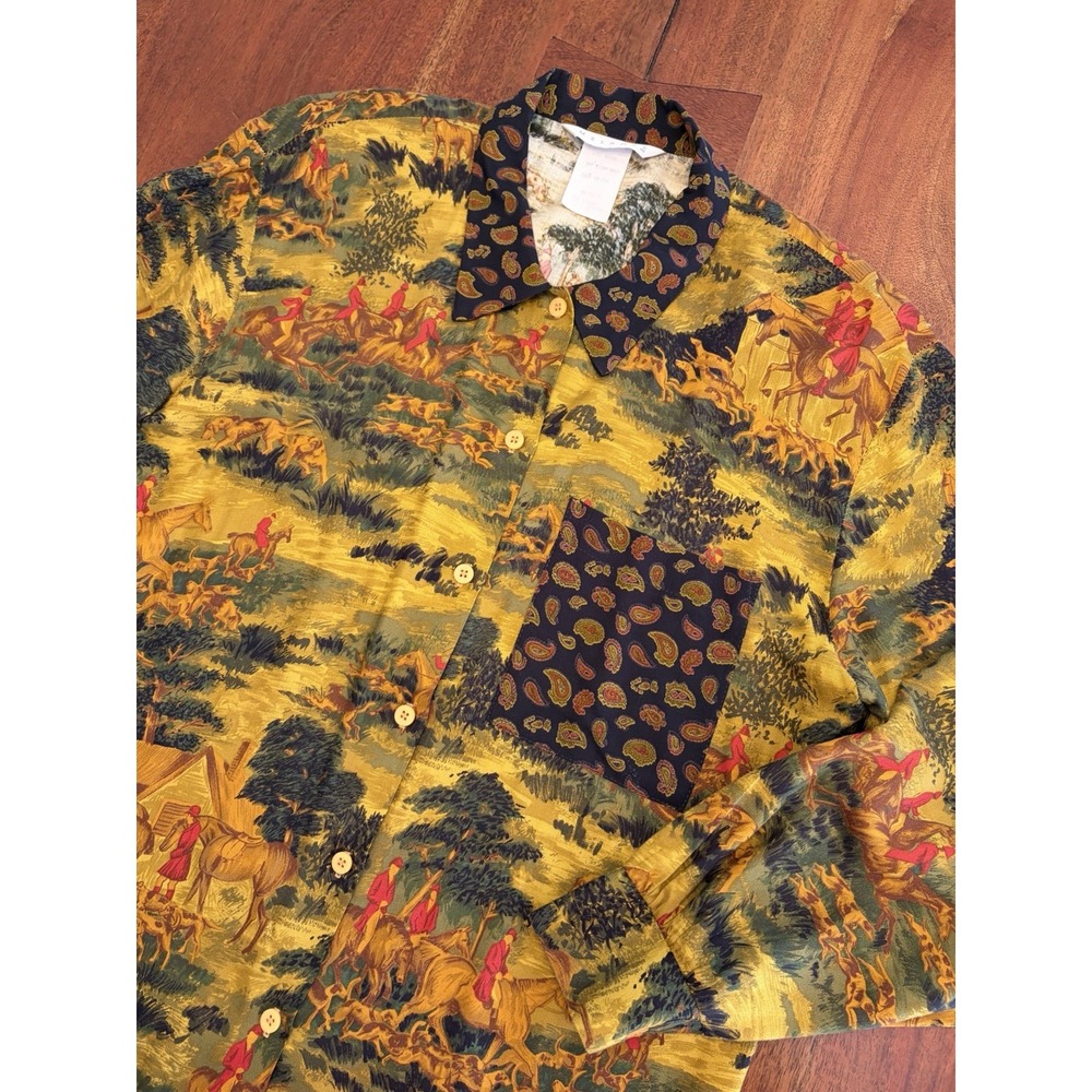 Vintage Rayon Equestrian Horse Shirt Womens 14 L/XL Button Up 70s 60s Melrose